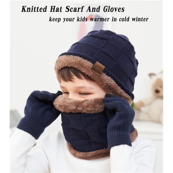 Kids Winter Beanie Hat Scarf Touchscreen Gloves Set for Boys Girls 4-15 Years - Picture 9 of 12